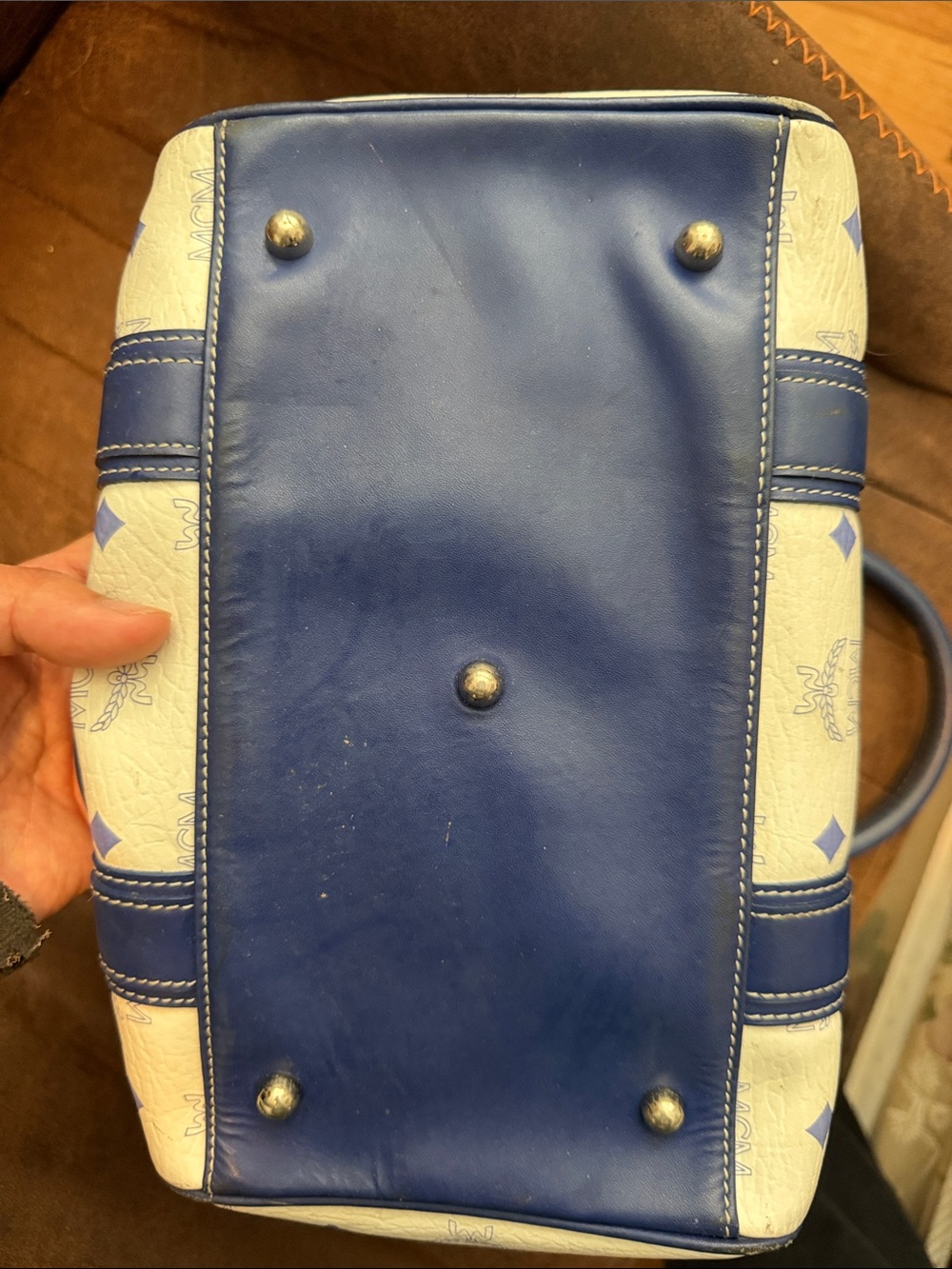 MCM White & Blue Logo Leather Satchel with Charm - Picture 7 of 7